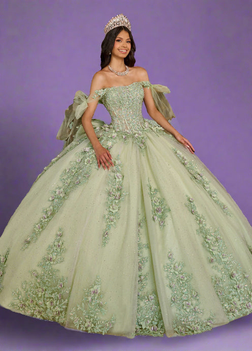 A young woman wearing a ballgown in the color sage/lilac